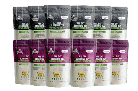 All Day Slimming Tea morning and evening tea packages, as shown on the manufacturer's official order page.