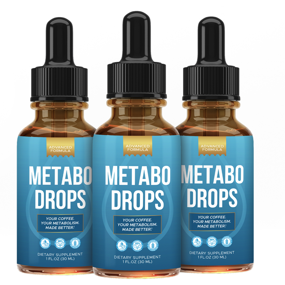 Three amber dropper bottles of Metabo Drops with blue label, as shown in the manufacturer official affiliate brand imagery
