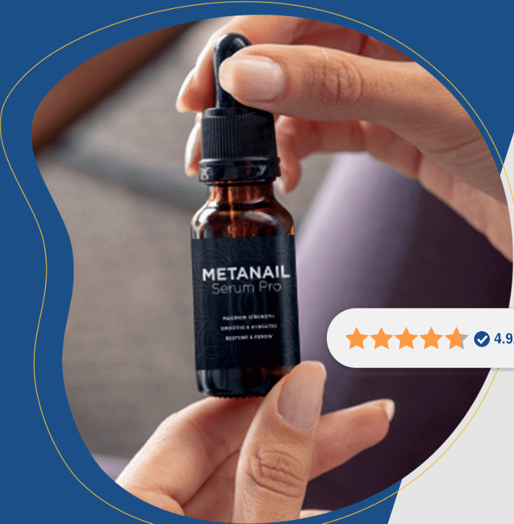 Metanail Complex nail serum bottle held in hand, dropper applicator