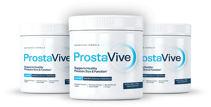 ProstaVive prostate health supplement bottles, three-pack product shot