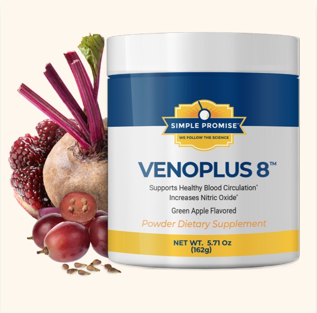 VenoPlus 8 powder supplement jar by Simple Promise, green apple flavored, shown with beetroot, pomegranate, and grapes